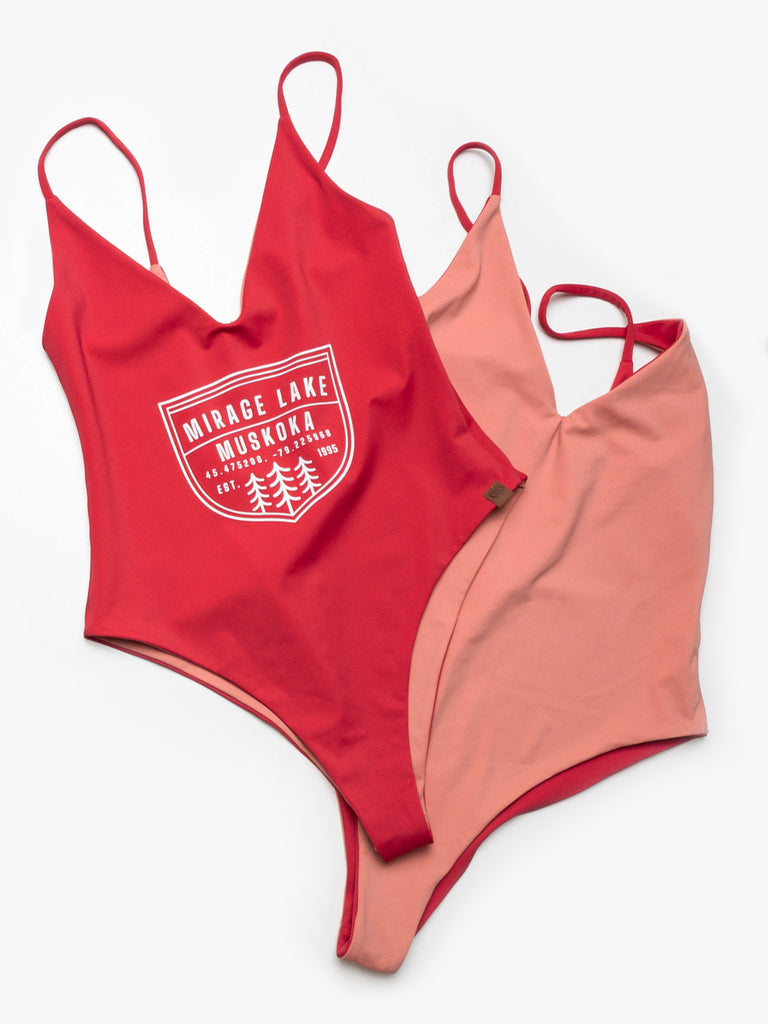 Muskoka Swim one piece personalized reversible women's sustainable swimsuit
