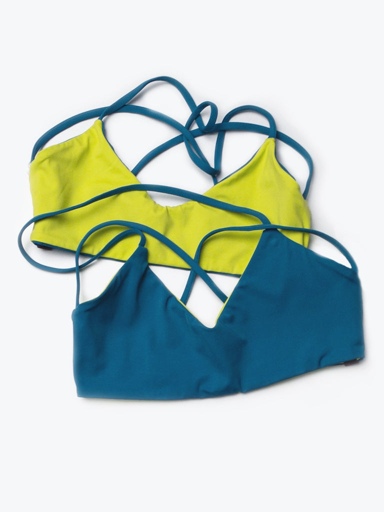Muskoka Swim crisscross reversible sustainable swim top from front  