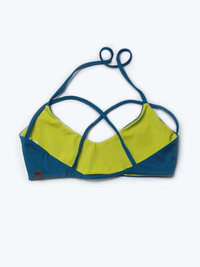 Muskoka Swim crisscross reversible sustainable swim top from front  